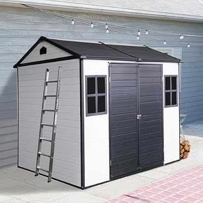 HMYFGD 8x6 ft Outdoor Resin Storage Shed with Floor, Waterproof Plastic Tool Shed with Lockable Door and Two Windows, All-Weather Tool Sheds for Backyard, Patio, Lawn, Garden (Grey White, 8 x6 ft)