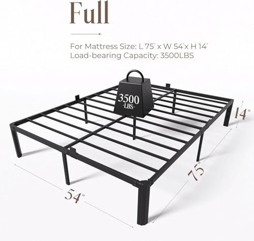 Image of Full Metal Bed Frame 14 Inch, Heavy Duty Platform, No Box Spring Needed | Headboard compatible, round corners, under-bed storage, mattress retainers, squeak-resistant, easy assembly