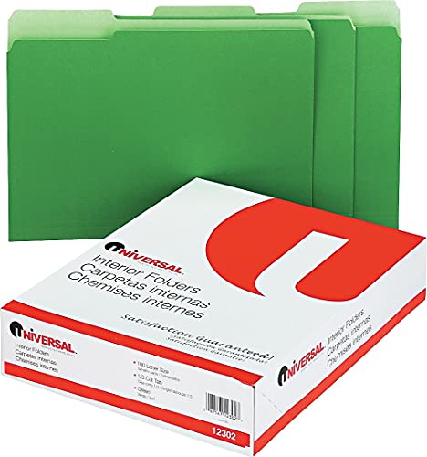 Universal 12302 Recycled Interior File Folders, 1/3 Cut Top Tab, Letter, Green, 100/Box #TOP1