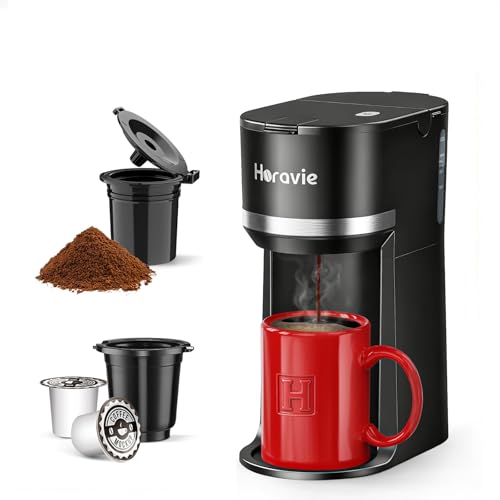 Horavie Mini Single Serve Coffee Maker for K Cup and Ground Coffee, Fast Brew One Cup Coffee Machine with Descaling Reminder and Water Window, 6 to 12 oz. Brew Sizes, Black