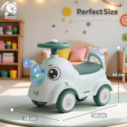 Image of Storio Elephant Baby Ride-On Car Toy with Light and Music - Green | Push Car for Kids with Backrest & Steering, 1-3 Years