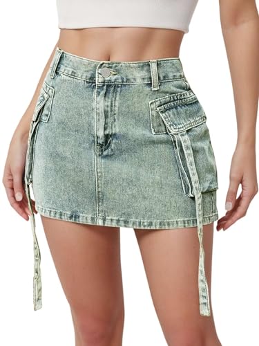 Jean Skirt for Women Denim Skirt Stretchy Y2K Cargo Skirt with Pockets Low Waist Jean Skirts