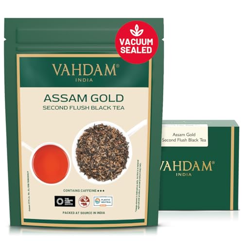Image of VAHDAM, Assam Gold Second Flush (50 Cups) | RICH & MALTY ASSAM TEA Loose Leaf | 100% PURE UNBLENDED Black Tea Loose Leaf | Black Tea Leaves with GOLDEN TIPS | Brew as Hot, Iced Tea or Latte | 3.53oz
