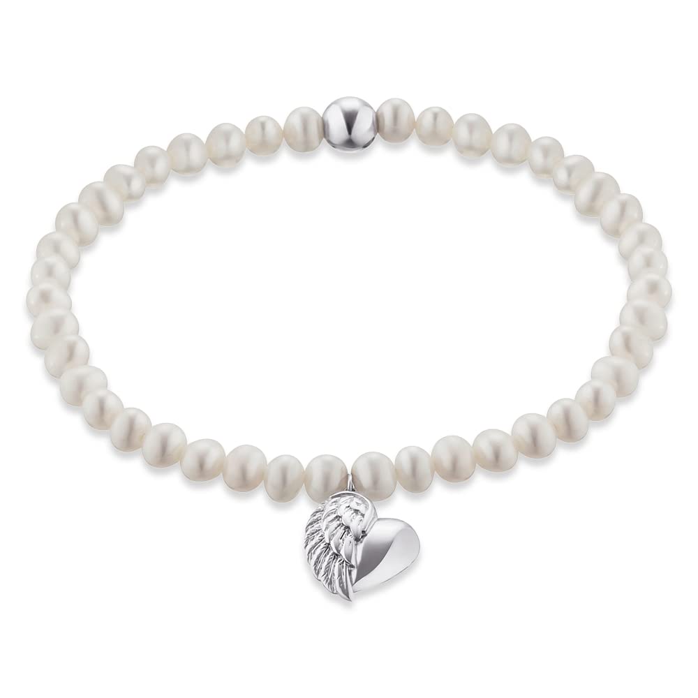 Engelsrufer Damen Stretch-Armband aus Sterling Silber mit Süßwasser-Perlen und Herzflügel-Anhänger, nickelfrei, 17 cm
