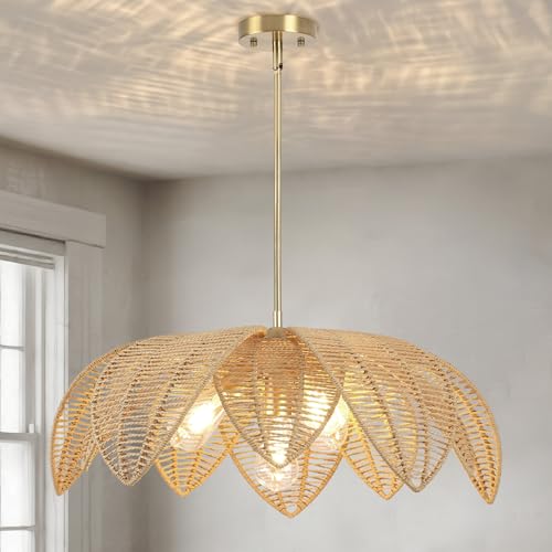Image of 25 inch Large Rattan Boho Chandelier, 4-Light Hand-Woven Wicker Pendant Light, Farmhouse Coastal Hanging Lighting Fixture for Dining Room, Kitchen Island, Living Room, Bedroom & Foyer