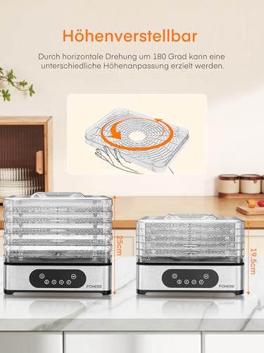 FOHERE Dörrautomat Edelstahl, Dörrgerät mit 5 höhenverstellbaren Tabletts, LED-Anzeige, 420W, 35-70°C, 48h-Timer, für Lebensmittel, Pilze, Früchte, Fleisch, Fisch, Gemüse, BPA frei – Bild 7