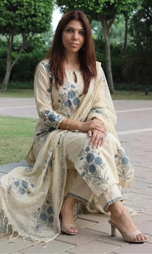 Image of GoSriKi Kurta Set for Women Viscose Blend Printed | Kurta Pant Dupatta Set for Woman | Round Neck 3 /4 Sleeve Straight 3 Piece Ethnic Dress Stylish Womens Clothing Outfit