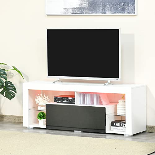 HOMCOM-Mueble-de-TV-para-Televisiones-de-55Pulgadas-Mesa-para-TV-de-Salon-con-Luz-LED-6-Modos-de-Colores-Mando-a-Distancia-Cajon-y-Estantes-de-Cristal-Ajustables-140x35x52-cm-Blanco