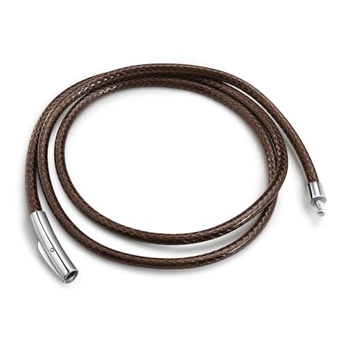 Oaldilee Mens Brown String Necklace Cord Leather Chain 3mm 18 Inch Braided Rope Jewellery Mens Waterproof Chain with Stainless Steel Clasp