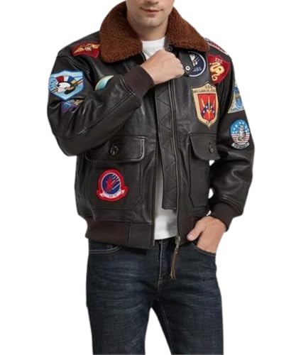 Mens Top Aviator USAAF Pilot Flying Tom Multiple Patches G1 Bomber Jacket Fur Collar Brown Bomber Leather Jacket4