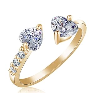 Trifycore Elegant Women&rsquo;s Ring Full Artificial Diamond Double Heart Adjustable Open Ring for Lady Girls Birthday Gift Gold, Elegant Women&rsquo;s Ring