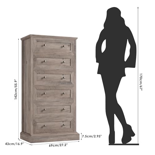 FACBOTALL 6 Drawer Dresser, 56'' Tall Dresser with Mental Double Handles, Chest of Drawers for Hallway Living Room, Wash Gray - Image 9
