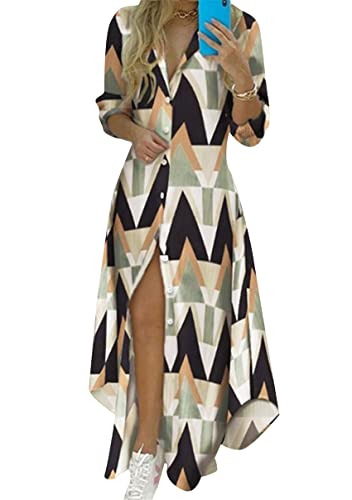 Image of YMING Womens Long Sleeve Button Down Shirt Dresses Casual Floral Print Maxi Dress Loose Fit Split Blouse Dress