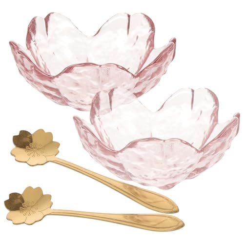 Anneome Cuencos para Mezclar Aceites Esenciales de Vidrio Rosa en Forma de Flor 2 Unidades con Cucharas Metálicas para Salón y Spa, Cuencos Pequeños para Faciales y Aromaterapia
