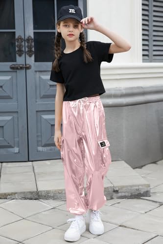 Image of Betusline Girls Clothes 2 Piece Set, Black Cute Short Sleeve Crop Tops + Light Pink Metal Cargo Jogger Pants Clothes,13-14 Years = Tag 170