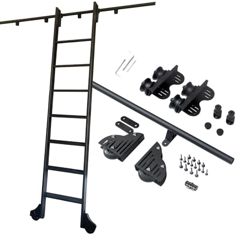 Heavy Duty 13ft Black Carbon Steel Sliding Ladder Track Kit for Loft Bookshelves & Kitchen Cabinets, Mobile Roller System Accessories, No Ladders Required, 100-600cm Adjustable