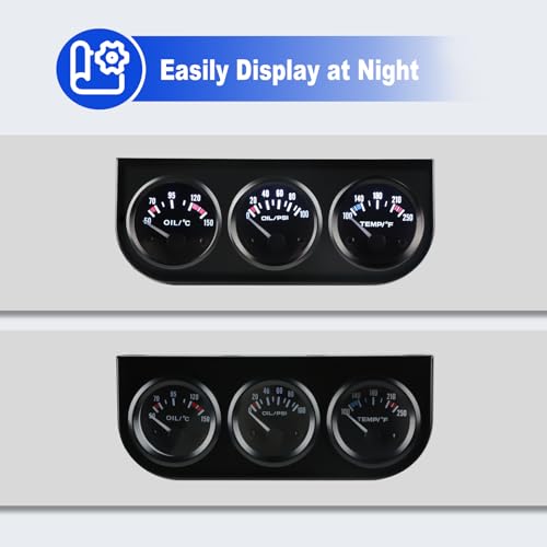 Waterwich WATERWICH-SK-SU872 3 In 1 Car Meter Auto Gauge(Oil Pressure Gauge + Oil Temperature Gauge + Water Temperature Gauge Fahrenheit 2 Inch 52Mm Triple Gauge Kit Dc 12V thumb #2
