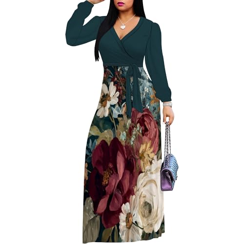 Image of Women's Plus Size Maxi Dresses Long Sleeves V Neck Floral Print Bohemian Swing Long Dress with Belt