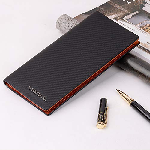 Visoul Mens Billfold Long Checkbook Wallet Leather With Rfid Blocking, Large Bifold Secretary Cash Wallet Tall With 12 Card Slots For Men (Black+Orange) #TOP4