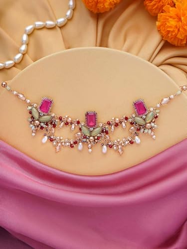 Image of SANJOYA Gold Plated Traditional Embroidered Jewellery for Women & Girls | Stone Studded Wedding, Festive, Mehendi, Sangeet Collection | Necklace, Earrings, Maang Tikka, Bracelet & Ring