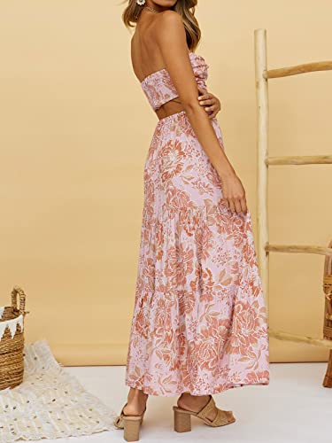 ZESICA Women's 2025 Summer Plaid Flower Elastic High Waist Flowy A Line Maxi Skirt with Pockets3