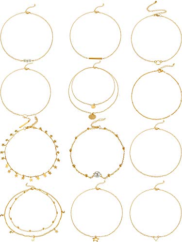 Hicarer 12 Pieces Gold Layered Choker Necklace Pendant Layering Adjustable Chain Necklaces Set for Women Girls (Multi-Style B)