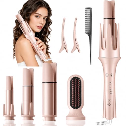 4 in 1 Automatic Curling Iron, Rotating Auto Hair Curler with 1 1.25 1.5 Barrels & Straightening Brush, 3 Temp 3 Timer, Ionic Ceramic, Anti-Scald, 60 Min Auto Shut-Off(Rose Pink)