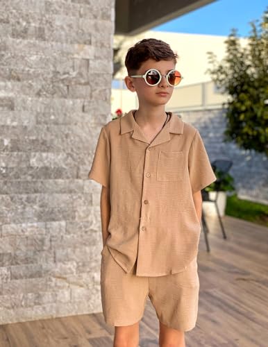 Image of Arshiner Boys 2 Pieces Summer Beach Outfits Short Sleeve Button Down Shirts and Shorts Vacation Texture Sets for Kids