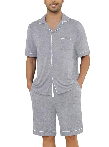 Image of Veseacky Men's Button Down Pajama Set Short Sleeve Shorts Modal Soft Sleepwear Loungewear Pjs with Pockets S-XXL