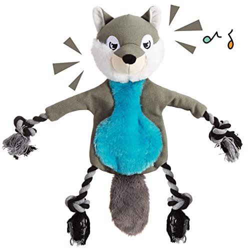 Emorefun Stuffingless Squeaky Dog Toys,Plush Fox Dog Toy with Crinkle Paper, Crinkle Dog Toy with Rope Legs,No Stuffing Dog Chew Toys for Small Medium Dogs,Tug-of-war Dog Toy,Gray