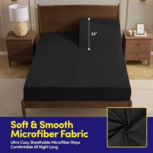 Image of Split Head King Sheets Set for Adjustable Beds 4 Piece Flex Top Bed Sheets - Deep Pocket Split Top Fitted Sheet with Built-in Corner Straps, Luxury Soft Cooling Bedding, Wrinkle Resistant, Black