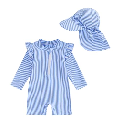 Generisch 2026 Traje de baño de una pieza para niña a rayas con cremallera Rashguard, volantes, manga larga, traje de sol, azul claro, 3-6 meses