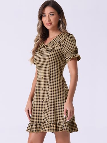 Allegra K Women's Gingham Checks Ruffled Peter Pan Collar Cute Mini Dress2