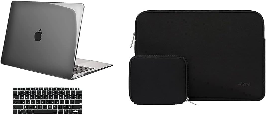 MOSISO Compatible with MacBook Air 13 inch Case 2018-2020 Rlease A2337 M1 A2179 A1932, Plastic Hard Shell & Neoprene Sleeve Bag with Small Case & Keyboard Cover, Crystal Black & Black