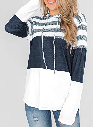Lovezesent Womens Plus Size Casual Loose Long Sleeve Color Block Stripe Drawstring Hoodie Sweatshirt Pullover for Jeans White XXL