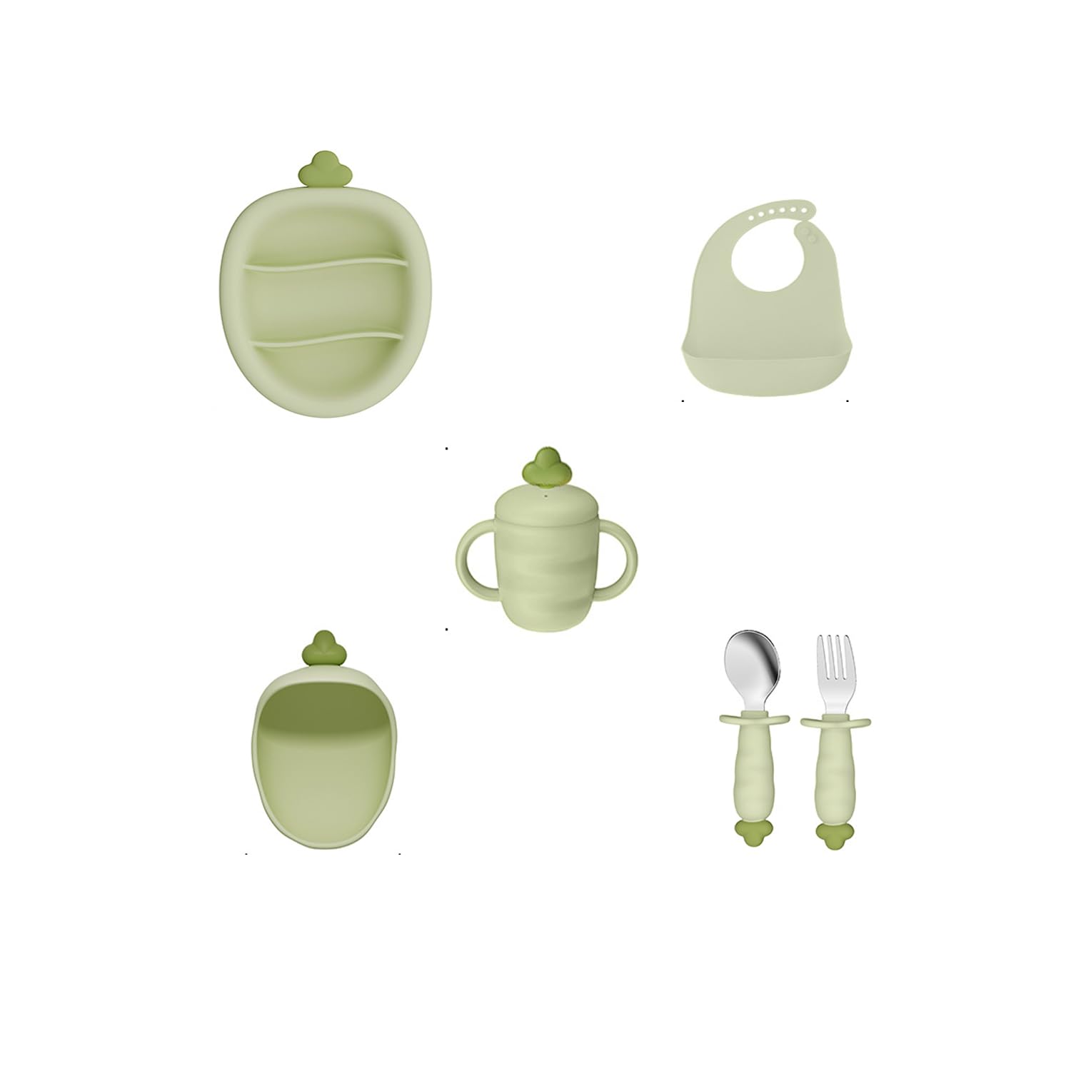 Set repas silicone bébé – Carotte 6 pièces : assiette ventouse, tasse paille, bavoir ramasse-miettes, cuillère et fourchette. (Vert clair)
