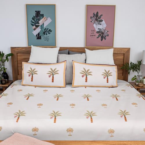Image of Shajarah Premium Hand Block Printed Bedsheet | Bed Spread Flatsheet Bed Sheet | Pure Cotton | Double Bed Queen Size 90 inchx108 inch | 300 TC Long Staple Cotton | 2 Pillow Covers | Coconut Tree Print