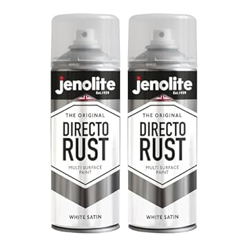 JENOLITE Directorust Spray Paint Satin Finish | WHITE | 2 x 400ml | Direct To Rust Spray Paint For Metal | All-In-One Multi Surface Paint for Metal, Wood, Plastic, Ceramic | RAL 9016