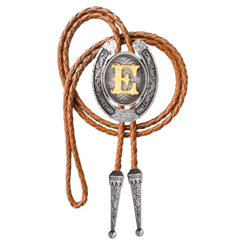 Image of Vintage Western Cowboy Monogram Initial Letter Bolo Tie for Men | Premium brown braided leather, adjustable sliding clasp, anti-tarnish alloy pendant, versatile A-Z western bolo tie
