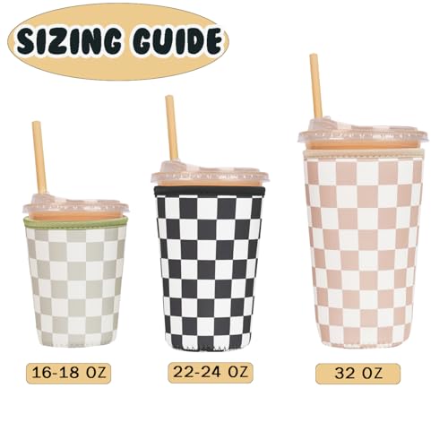 Image of Reusable Insulated Neoprene Iced Coffee Cup Sleeve, Durable Drink Sleeve for Cold Beverages, Beverage Holder for Iced Coffee, Multi-Tone Checkers