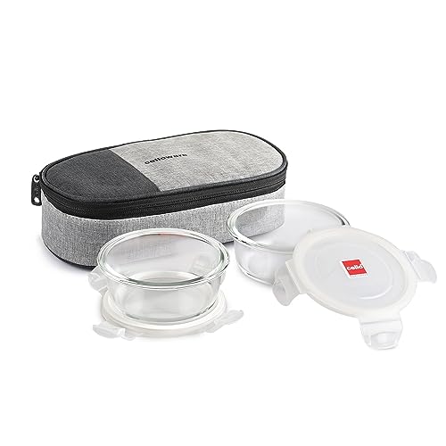 CELLO Delighta Round Borosilicate Glass Lunch Box with Jacket, 400ml, Set of 2 | Horizontal Glass Lunch Boxes | Microwave Safe and Leak Proof | Tiffin