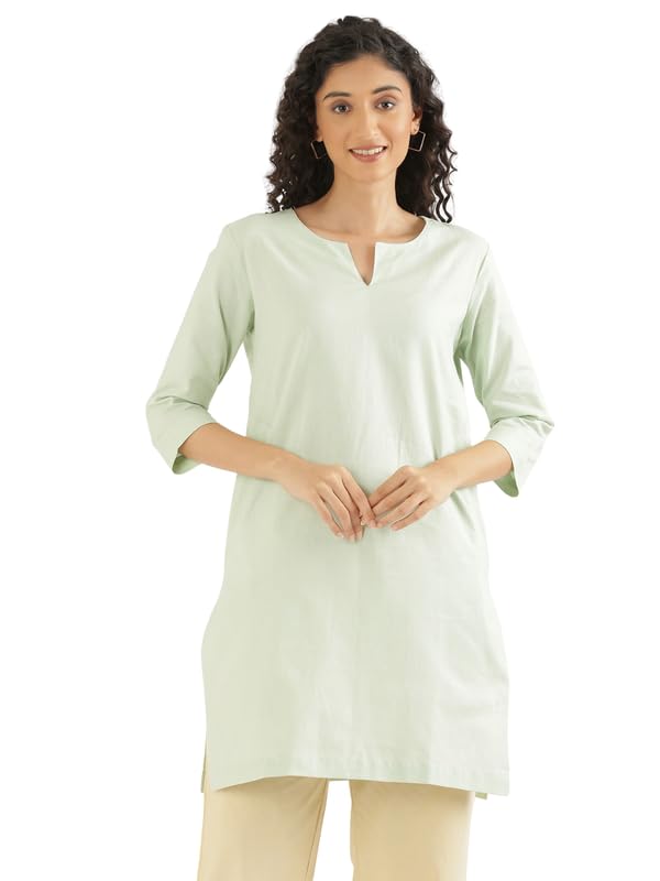 Image of SAADAA Airy Linen Mid Thigh Length Kurta for Women | Stylish Split Neck, 3 /4 Sleeves & Side Pockets | Comfortable Everyday Wear Kurta | Breathable Fabric |