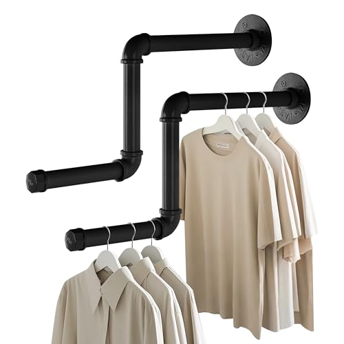 AddGrace Perchero para ropa de tubo, 2 unidades, 45,7 cm, desmontable, montaje en la pared, industrial, para colgar ropa, para el hogar y la tienda de ropa (negro) 46 cm