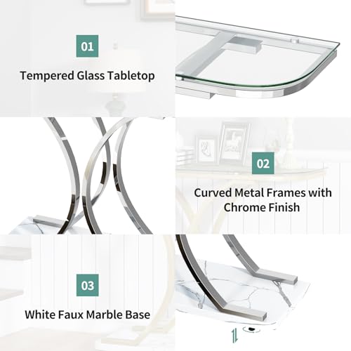 O&K FURNITURE Silver Glass Console Tables for Entryway,Glass Entryway Table with Curved Frames and Marble Base, Modern Entrance Table Sofa Table for Living Room,Hallway,Silver Glass&White Marble - Image 6