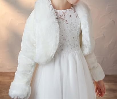 Ommda Ecologisch bont jassen gebreide jassen meisjes bloemenmeisje prinses bolero nepbont cape met lange mouwen, Ivoor, M (6-8anni