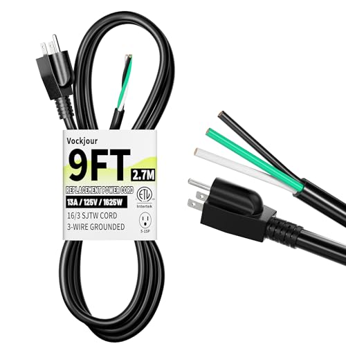 Image of Vockjour 9 ft 16 /3 Appliance and Power Tool Cord, 16 AWG 3 Prong Black Replacement Power Cord with Open End, NEMA 5-15P, 125V AC Pigtail, 13A 1625W, ETL Listed