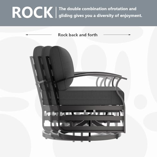 Image of Outdoor Patio Furniture Set, 3 Piece Aluminum Metal Chairs Swivel Rocker, Overstuffed Washable Cushions Bistro Set for Porch, Balcony, Deck, Garden Black