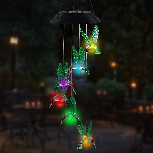 MorTime 2 PACK Solar Hummingbird Wind Chime, Color Changing Mobile LED Solar Wind Chime Outdoor Mobile Hanging Patio Light, Porch, Deck, Garden Decor