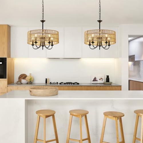 Webfkh 7057-5BK Modern Farmhouse Rattan Chandelier,5-Lights Large Boho Pendant Light Fixtures Ceiling thumb #6