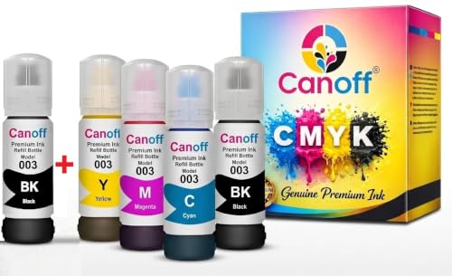 Image of CANOFF Compatible Epsan 003 Ink Bottle Refill | Spill-Free Easy Refill | High Page Yield | Compatible with Epsan EcoTank L1110, L3110, L3150, L3210, L3250 & L5190 Printers Set (4 Color + 1 Black)